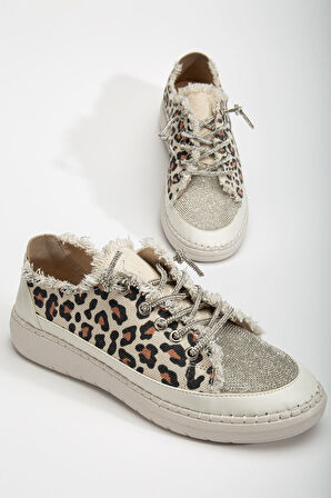 Neva Taşlı Düz Taban Kadın Leopar Kot Sneakers