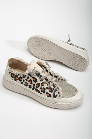 Neva Taşlı Düz Taban Kadın Leopar Kot Sneakers