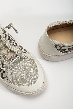 Neva Taşlı Düz Taban Kadın Leopar Kot Sneakers