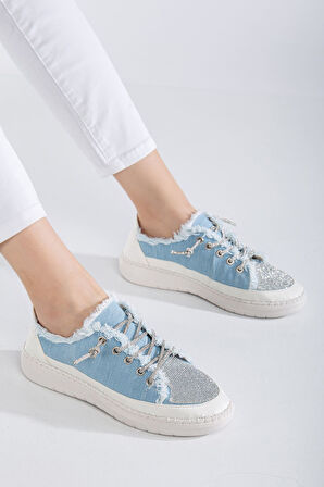 Neva Taşlı Düz Taban Kadın Bebe Mavisi Kot Sneakers