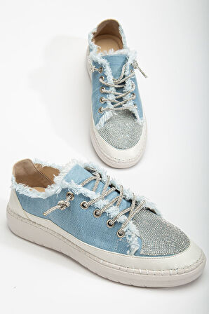 Neva Taşlı Düz Taban Kadın Bebe Mavisi Kot Sneakers