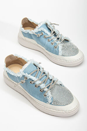 Neva Taşlı Düz Taban Kadın Bebe Mavisi Kot Sneakers