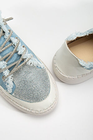 Neva Taşlı Düz Taban Kadın Bebe Mavisi Kot Sneakers