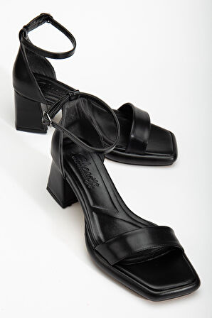 Suzi Siyah Cilt Platformlu Açık Burunlu Kalın Topuklu Ayakkabı