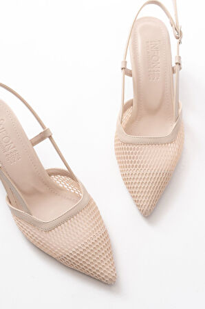 K-607 Bej Günlük Fileli Arkası Açık 7 cm Topuklu Kadın Ayakkabı