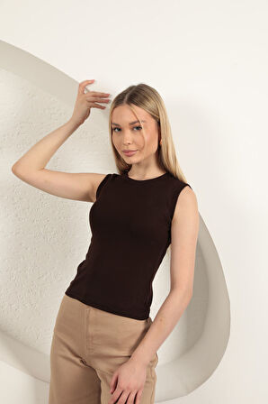 Çilek Viskon Kumaş Basic Bluz-Kahve