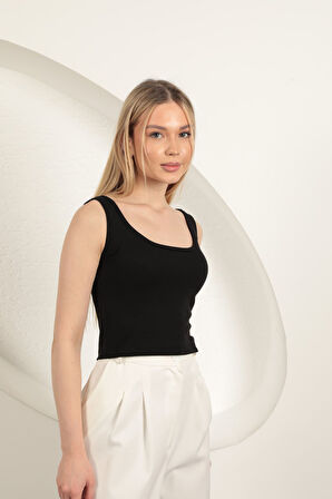 Çilek Viskon Kumaş Askılı Crop-Siyah