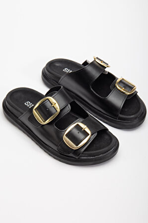 Harmony Çift Tokalı Yumuşak Tabanlı Günlük Siyah Terlik