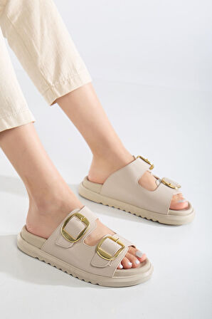 Harmony Çift Tokalı Yumuşak Tabanlı Günlük Bej Terlik