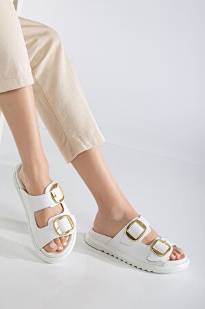 Harmony Çift Tokalı Yumuşak Tabanlı Günlük Beyaz Terlik