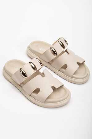 Rens Kadın Yumuşak Tabanlı Toka Detaylı Günlük Bej Terlik