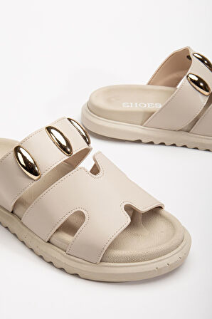 Rens Kadın Yumuşak Tabanlı Toka Detaylı Günlük Bej Terlik