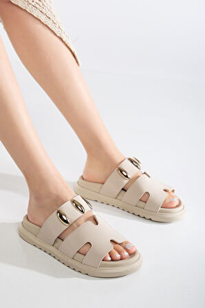 Rens Kadın Yumuşak Tabanlı Toka Detaylı Günlük Bej Terlik