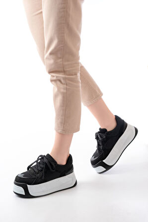 SP-190 Siyah Garni Bağcıklı Fileli Yüksek Taban Günlük Spor Ayakkabı