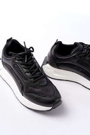 F-307 Siyah Bağcıklı Saten Taş Aksesuarlı Günlük Spor Ayakkabı