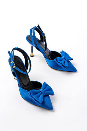İNF-4505 Mavi Saten Günlük Arkası Açık Kurdele detaylı Topuklu Kadın Ayakkabı