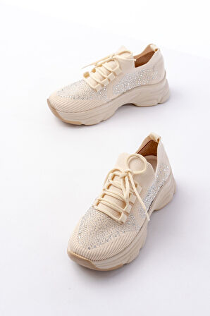 Bej Bağcıklı Fileli Taş Aksesuarlı Günlük Spor Ayakkabı
