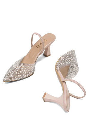 Bej Günlük Arkası Açık Taşlı Topuklu Kadın Ayakkabı