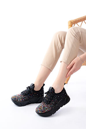 Siyah Bağcıklı Fileli Multi Taşlı Günlük Kadın Spor