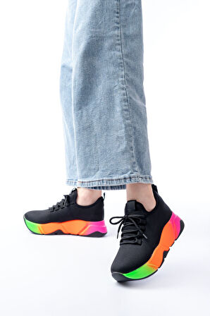 Siyah Bağcıklı Fileli Renkli Taban Günlük Kadın Spor