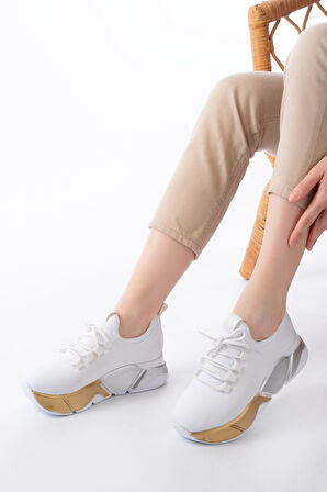 Beyaz Bağcıklı Fileli Renkli Taban Günlük Kadın Spor