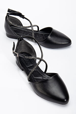 Bee Kadın Siyah Cilt Taş Detaylı Ortopedik Babet