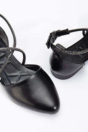 Bee Kadın Siyah Cilt Taş Detaylı Ortopedik Babet