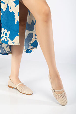 Luan Bej Kadın Fileli Tek Bantlı Rahat Ergonomik Babet Yumuşak Taban