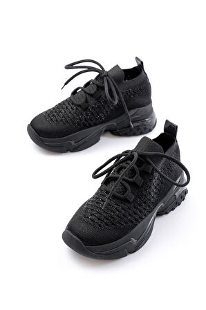 Siyah Günlük Bağcıklı Fileli Taş Aksesuarlı Kadın Spor Ayakkabı