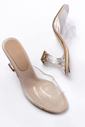 Bej Rugan Şeffaf Bantlı Şeffaf Topuklu Yuvarlak Burunlu Kadın Terlik