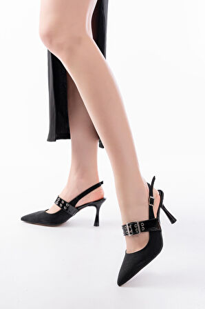 Siyah Simli Günlük Arkası Açık Baret Tokalı Topuklu Kadın Ayakkabı