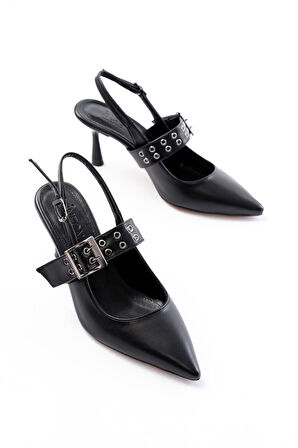Siyah Günlük Arkası Açık Baret Tokalı Topuklu Kadın Ayakkabı
