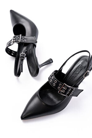 Siyah Günlük Arkası Açık Baret Tokalı Topuklu Kadın Ayakkabı