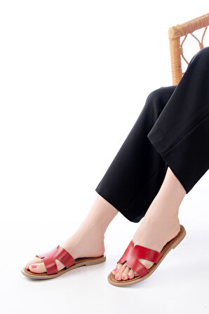 Kırmızı Ortopedik Hakiki Deri Kadın Terlik