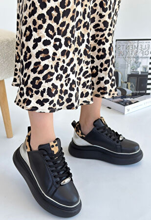 Jista Siyah Cilt Gümüş Detaylı Bağcıklı Spor Ayakkabı