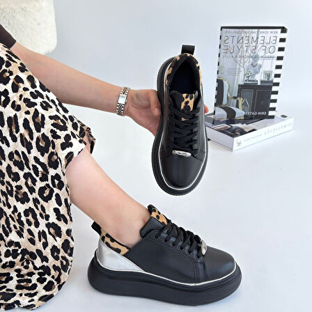 Jista Siyah Cilt Gümüş Detaylı Bağcıklı Spor Ayakkabı