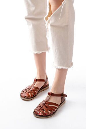 K. Kahve Ortopedik Hakiki Deri Kadın Sandalet