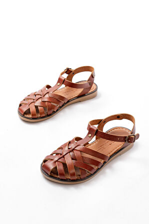 K. Kahve Ortopedik Hakiki Deri Kadın Sandalet