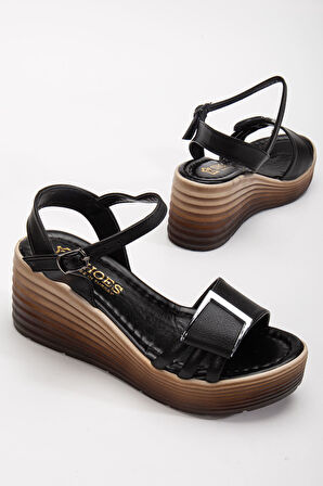 Olmo Kadın Siyah Cilt Günlük Ortopedik Taban Sandalet