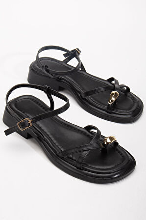 Kadın Siyah Gold Yüzük Detaylı Günlük Sandalet