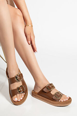 Kadın Kahverengi Günlük Çift Tokalı Rahat Taban Hasır Sandalet Terlik