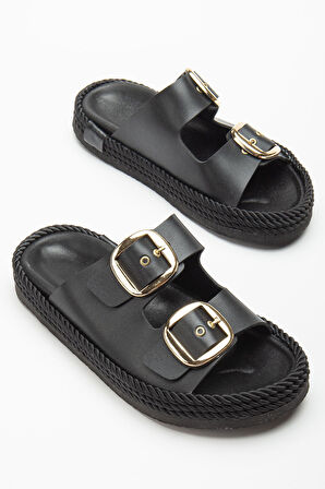 Kadın Siyah Günlük Çift Tokalı Rahat Taban Hasır Sandalet Terlik