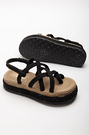 Bless Kadın Siyah Günlük Rahat Taban Hasır Sandalet Terlik