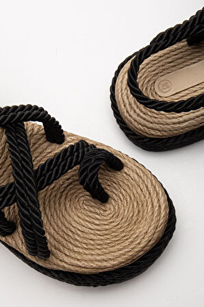 Bless Kadın Siyah Günlük Rahat Taban Hasır Sandalet Terlik