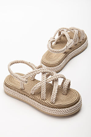 Bless Kadın Bej Günlük Rahat Taban Hasır Sandalet Terlik