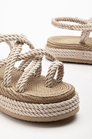 Bless Kadın Bej Günlük Rahat Taban Hasır Sandalet Terlik