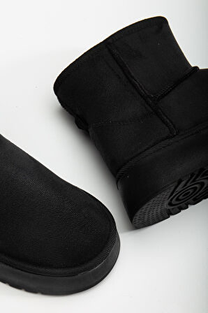 Mini Cırtcırtlı Siyah Süet Yarım Bot içi Tüylü Düz Taban Kadın Ayakkabı