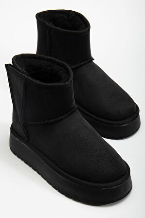 Mini Cırtcırtlı Siyah Süet Yarım Bot içi Tüylü Düz Taban Kadın Ayakkabı