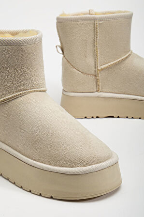 Mini Cırtcırtlı Bej Süet Yarım Bot içi Tüylü Düz Taban Kadın Ayakkabı