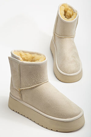 Mini Cırtcırtlı Bej Süet Yarım Bot içi Tüylü Düz Taban Kadın Ayakkabı